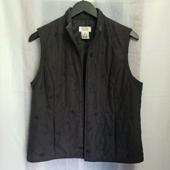 Talbots Lightweight Embroidered Black Vest Zip up Whimsgoth Grunge Gothic Size M - Picture 1 of 11